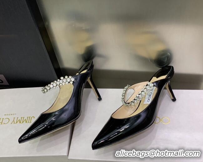 Shop Cheap Jimmy Choo Patent Leather 8.5cm Heel Mules with Crystal Strap Black 2070418