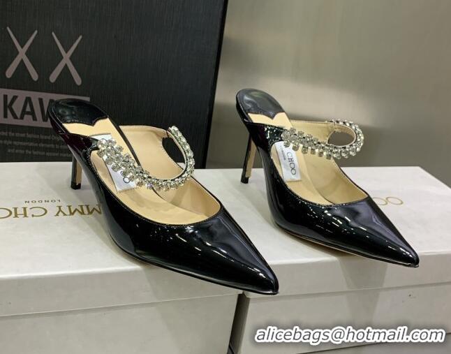 Shop Cheap Jimmy Choo Patent Leather 8.5cm Heel Mules with Crystal Strap Black 2070418