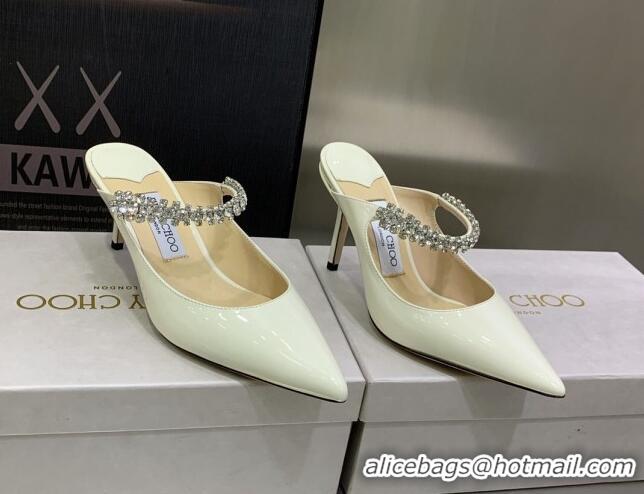 Purchase Jimmy Choo Patent Leather 8.5cm Heel Mules with Crystal Strap White 2070420