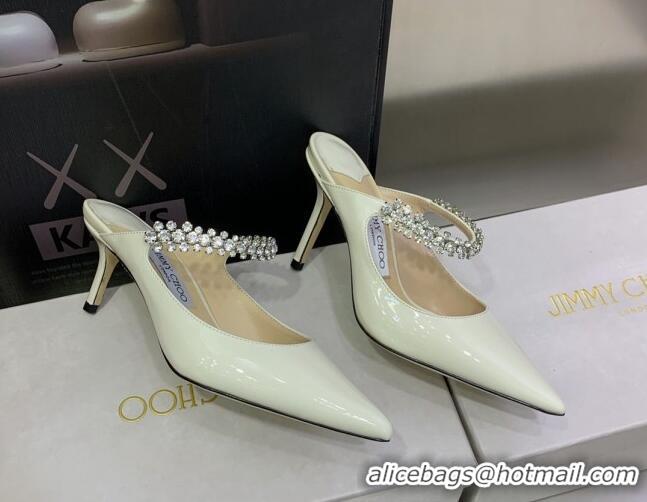 Purchase Jimmy Choo Patent Leather 8.5cm Heel Mules with Crystal Strap White 2070420