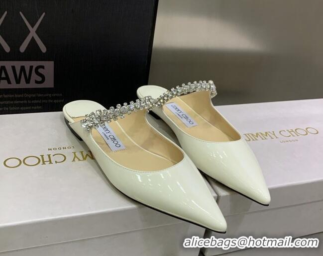 Best Product Jimmy Choo Patent Leather Flat Mules with Crystal Strap White 2070421