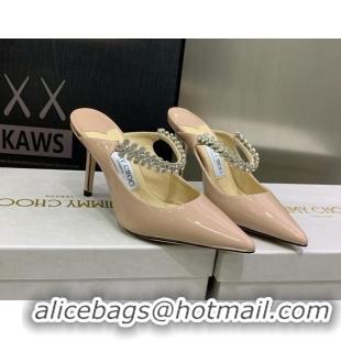 Good Looking Jimmy Choo Patent Leather 8.5cm Heel Mules with Crystal Strap Pink 2070422