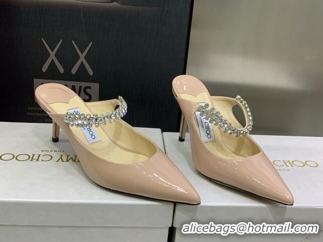 Good Looking Jimmy Choo Patent Leather 8.5cm Heel Mules with Crystal Strap Pink 2070422