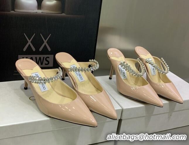 Good Looking Jimmy Choo Patent Leather 8.5cm Heel Mules with Crystal Strap Pink 2070422