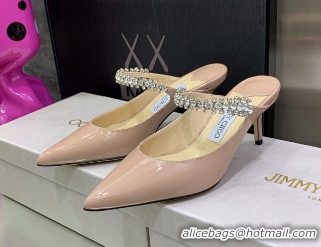 Good Looking Jimmy Choo Patent Leather 8.5cm Heel Mules with Crystal Strap Pink 2070422