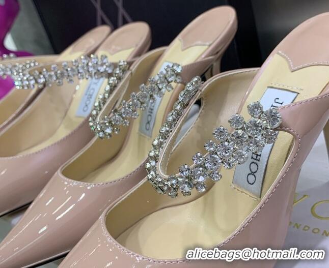 Good Looking Jimmy Choo Patent Leather 8.5cm Heel Mules with Crystal Strap Pink 2070422