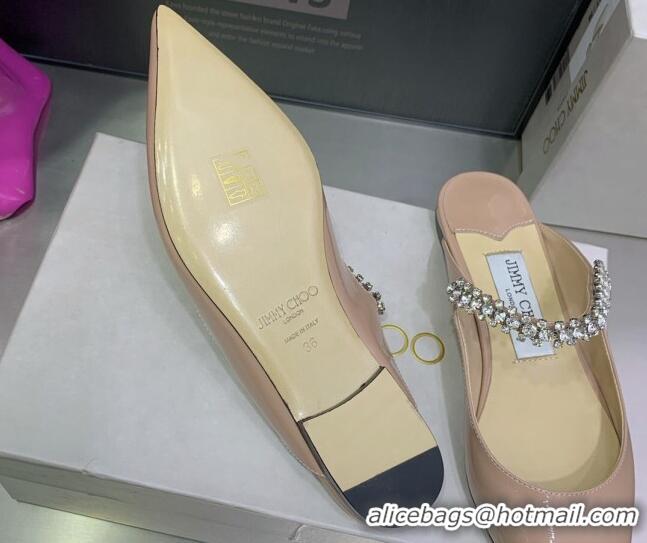 Most Popular Jimmy Choo Patent Leather Flat Mules with Crystal Strap Pink 2070423