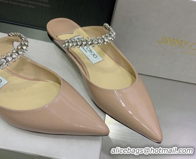 Most Popular Jimmy Choo Patent Leather Flat Mules with Crystal Strap Pink 2070423