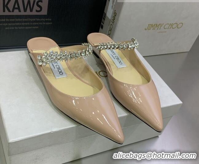 Most Popular Jimmy Choo Patent Leather Flat Mules with Crystal Strap Pink 2070423