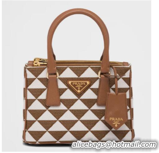 New Design Prada Galleria embroidered jacquard fabric mini bag 1BA906 white&brown