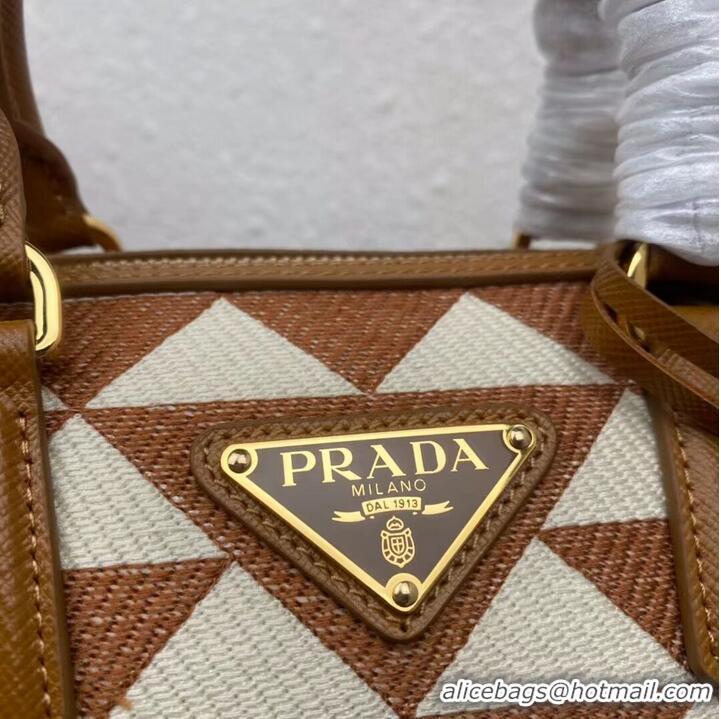 Classic Prada Symbole embroidered jacquard fabric top-handle bag 1BB846 white&brown