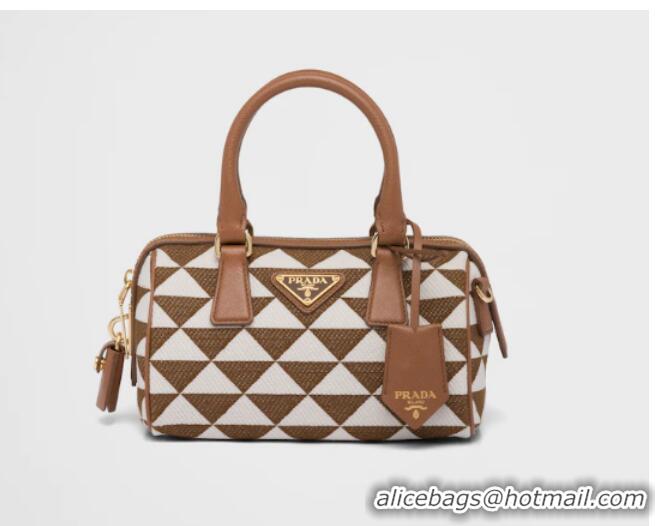 Classic Prada Symbole embroidered jacquard fabric top-handle bag 1BB846 white&brown