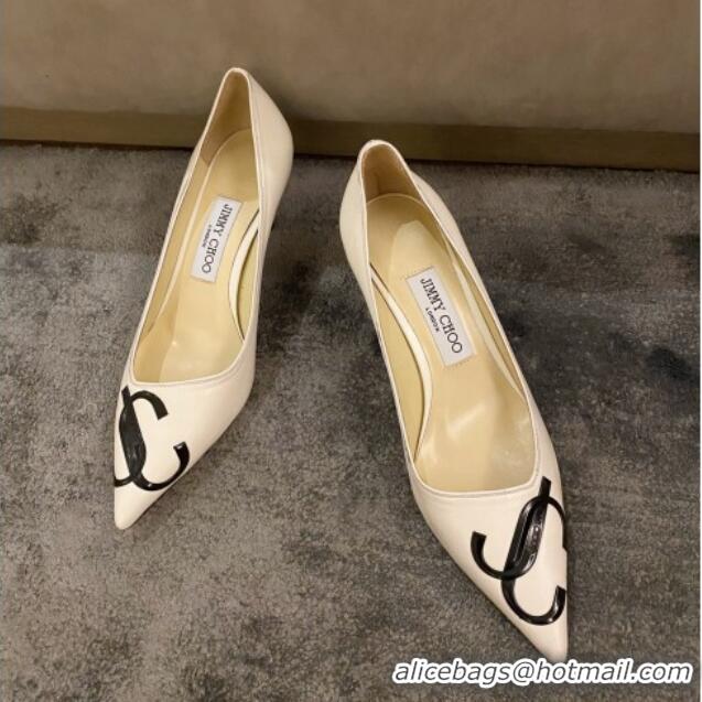 Classic Hot Jimmy Choo JC Leather Medium Heel Pumps 6.5cm White 071176