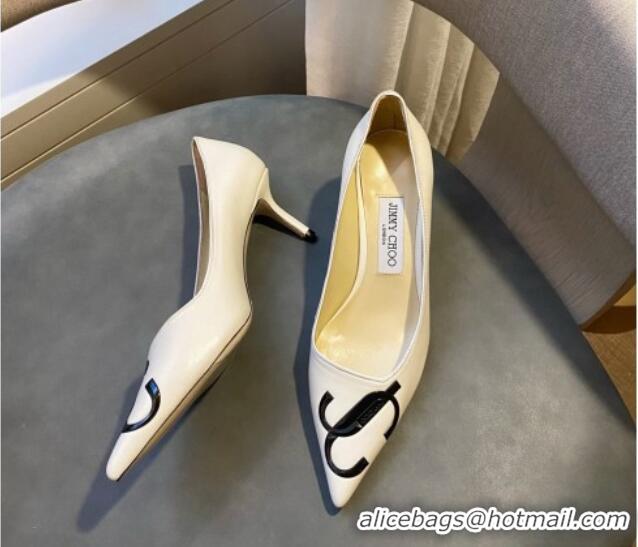 Classic Hot Jimmy Choo JC Leather Medium Heel Pumps 6.5cm White 071176