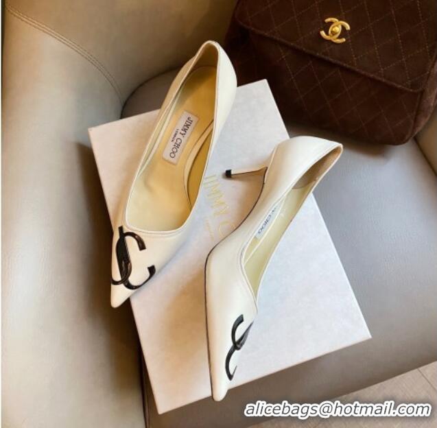 Classic Hot Jimmy Choo JC Leather Medium Heel Pumps 6.5cm White 071176