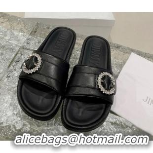 Charming Jimmy Choo Fallow Nappa Leather Flat Slide Sandals with Crystal Buckle Black 2072196