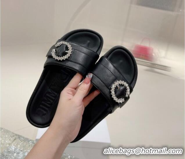 Charming Jimmy Choo Fallow Nappa Leather Flat Slide Sandals with Crystal Buckle Black 2072196