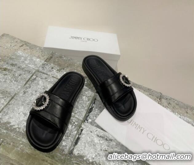 Charming Jimmy Choo Fallow Nappa Leather Flat Slide Sandals with Crystal Buckle Black 2072196