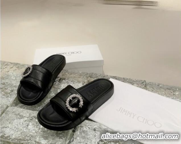 Charming Jimmy Choo Fallow Nappa Leather Flat Slide Sandals with Crystal Buckle Black 2072196