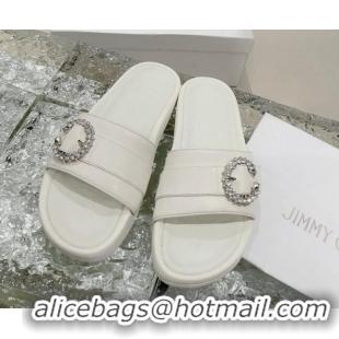 Good Product Jimmy Choo Fallow Nappa Leather Flat Slide Sandals with Crystal Buckle 2072196 White