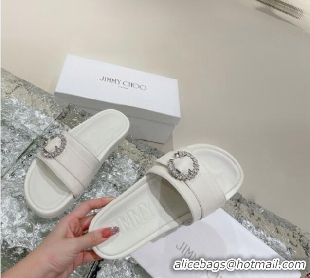 Good Product Jimmy Choo Fallow Nappa Leather Flat Slide Sandals with Crystal Buckle 2072196 White