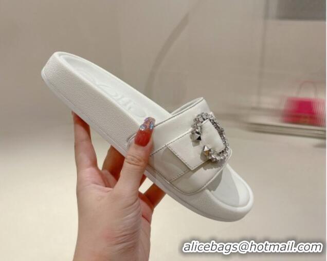 Good Product Jimmy Choo Fallow Nappa Leather Flat Slide Sandals with Crystal Buckle 2072196 White