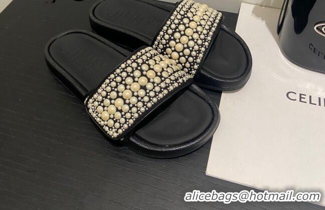 Unique Style Jimmy Choo Fallow Pearl Flat Slide Sandals Black 072199