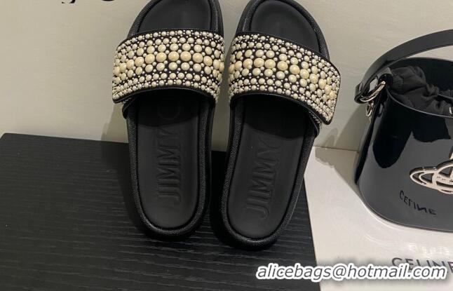 Unique Style Jimmy Choo Fallow Pearl Flat Slide Sandals Black 072199