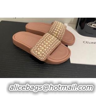 Stylish Jimmy Choo Fallow Pearl Flat Slide Sandals Pink 0721101