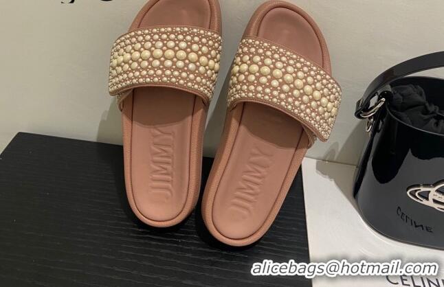 Stylish Jimmy Choo Fallow Pearl Flat Slide Sandals Pink 0721101