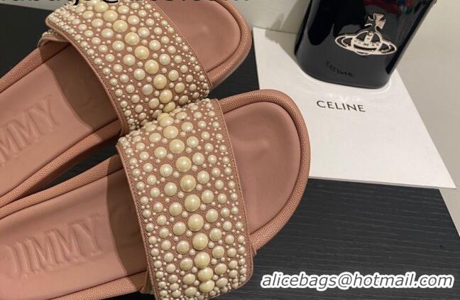 Stylish Jimmy Choo Fallow Pearl Flat Slide Sandals Pink 0721101