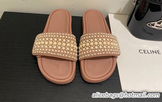 Stylish Jimmy Choo Fallow Pearl Flat Slide Sandals Pink 0721101