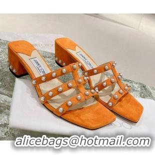 Charming Jimmy Choo Suede Pearls Charm Heel Slide Sandals 4.5cm Orange 082601