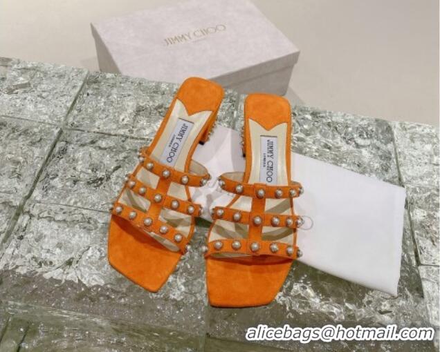 Charming Jimmy Choo Suede Pearls Charm Heel Slide Sandals 4.5cm Orange 082601