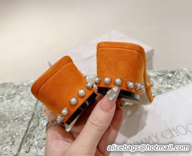 Charming Jimmy Choo Suede Pearls Charm Heel Slide Sandals 4.5cm Orange 082601