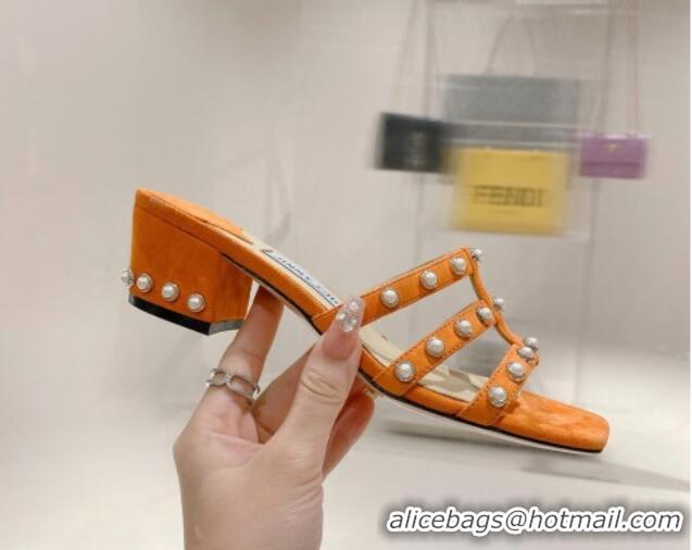 Charming Jimmy Choo Suede Pearls Charm Heel Slide Sandals 4.5cm Orange 082601