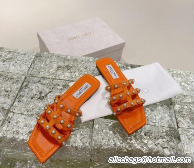 Sumptuous Jimmy Choo Suede Pearls Charm Flat Slide Sandals Orange 082602