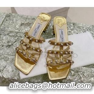 Hot Style Jimmy Choo Leather Pearls Charm Heel Slide Sandals 4.5cm Gold 082603