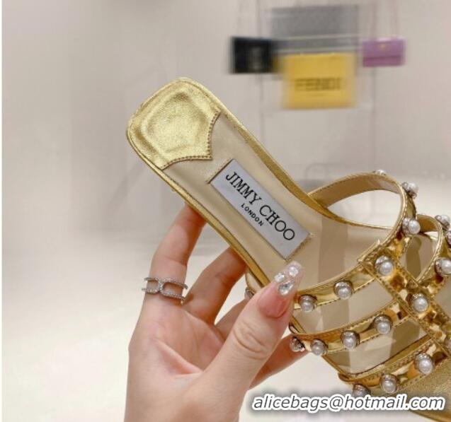 Hot Style Jimmy Choo Leather Pearls Charm Heel Slide Sandals 4.5cm Gold 082603