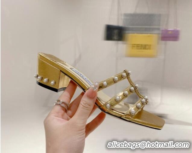 Hot Style Jimmy Choo Leather Pearls Charm Heel Slide Sandals 4.5cm Gold 082603