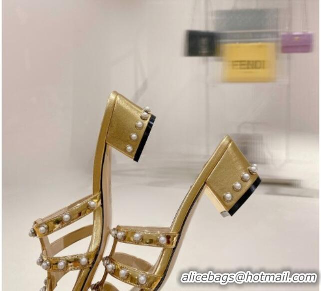 Hot Style Jimmy Choo Leather Pearls Charm Heel Slide Sandals 4.5cm Gold 082603