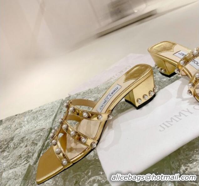 Hot Style Jimmy Choo Leather Pearls Charm Heel Slide Sandals 4.5cm Gold 082603