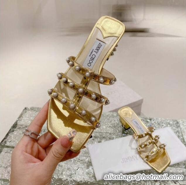 Hot Style Jimmy Choo Leather Pearls Charm Heel Slide Sandals 4.5cm Gold 082603