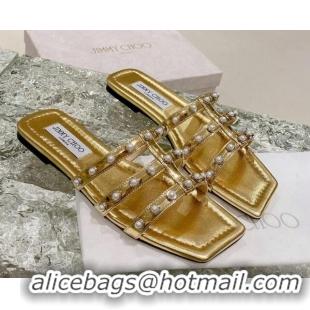 Sophisticated Jimmy Choo Leather Pearls Charm Flat Slide Sandals Gold 082604