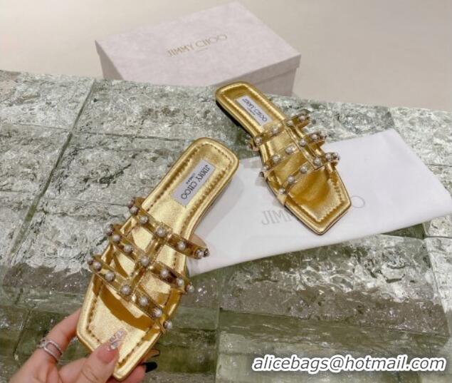 Sophisticated Jimmy Choo Leather Pearls Charm Flat Slide Sandals Gold 082604