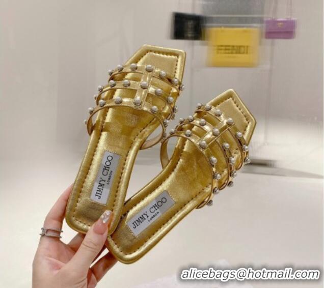 Sophisticated Jimmy Choo Leather Pearls Charm Flat Slide Sandals Gold 082604