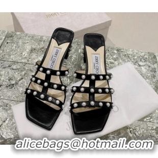 Good Looking Jimmy Choo Leather Pearls Charm Heel Slide Sandals 4.5cm Black 082606