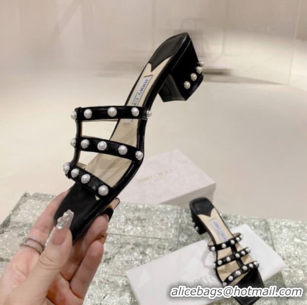 Good Looking Jimmy Choo Leather Pearls Charm Heel Slide Sandals 4.5cm Black 082606