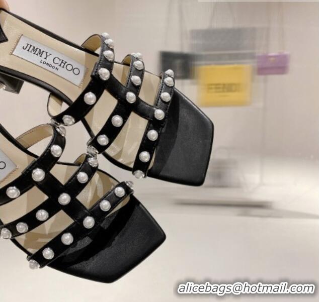 Good Looking Jimmy Choo Leather Pearls Charm Heel Slide Sandals 4.5cm Black 082606