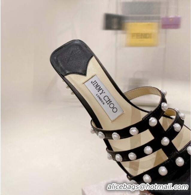 Good Looking Jimmy Choo Leather Pearls Charm Heel Slide Sandals 4.5cm Black 082606